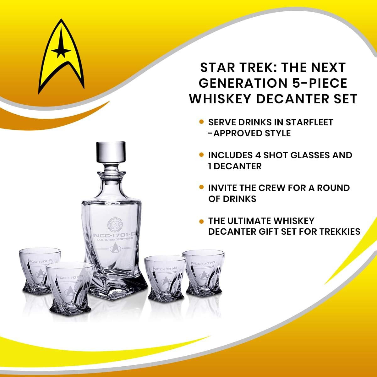 Star Trek: The Next Generation 5-Piece Whiskey Decanter Set | USS Enterprise Themed Party Shot Glasses For Home Barware Collection | Each Glass Holds 10 Ounces Star Trek