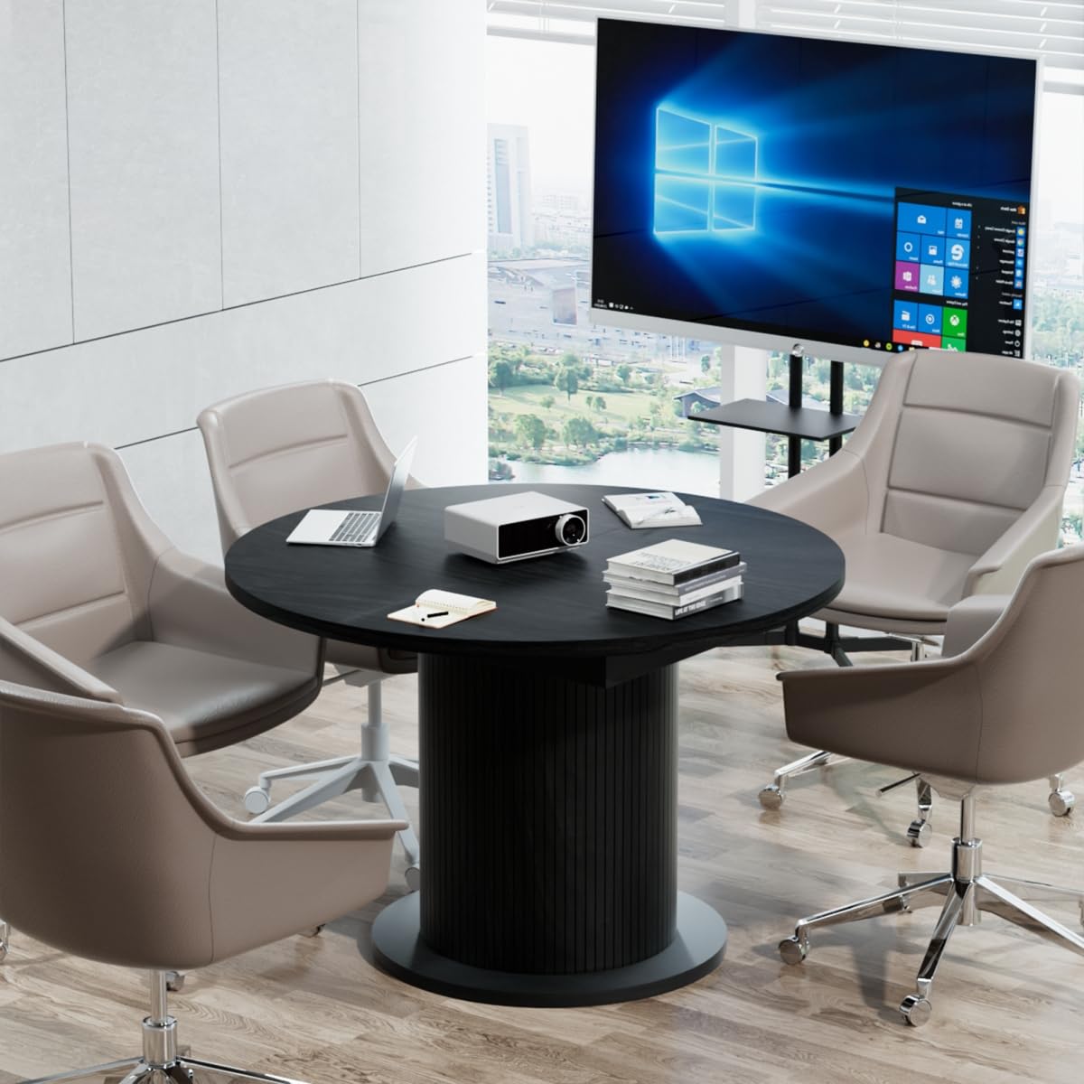 43.3 inch 59 inch Adjustable Size Round Conference Table for 4-6 People, Unique Design Modern Meeting Room Table, with Wood Strip Base (Black) Fiogmub