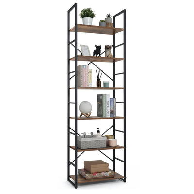 CAPHAUS 6-Tier Industrial Bookshelf - Rustic Oak Free Standing Storage Organizer for Home and Office