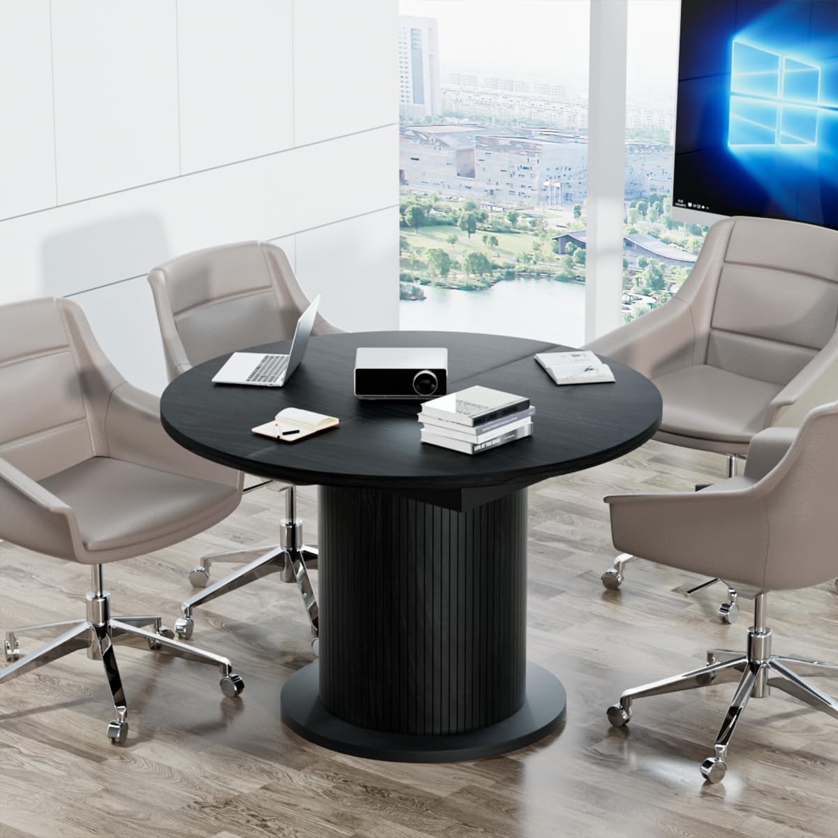 43.3 inch 59 inch Adjustable Size Round Conference Table for 4-6 People, Unique Design Modern Meeting Room Table, with Wood Strip Base (Black) Fiogmub