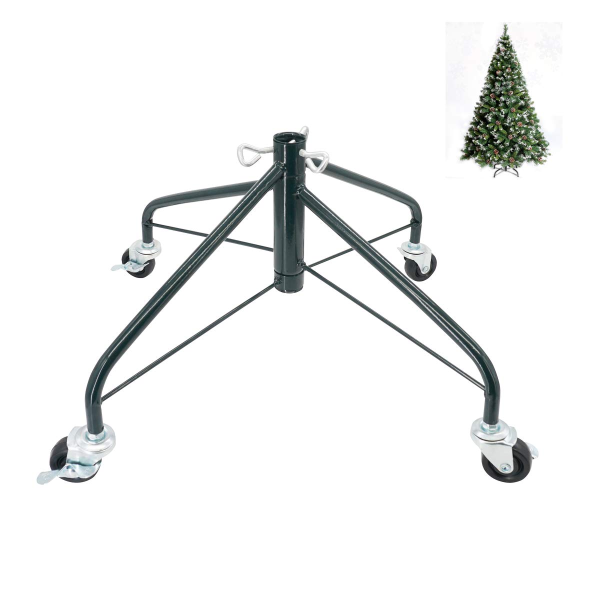 ELFJOY Christmas Tree Stand with Swivel Caster Wheels for 3-7ft. Artificial Tree Base 17inch, Christmas tree iron stand, 7/8inch inner diameter, Movable Tree Base, Green Tree Stand (Green) ELFJOY