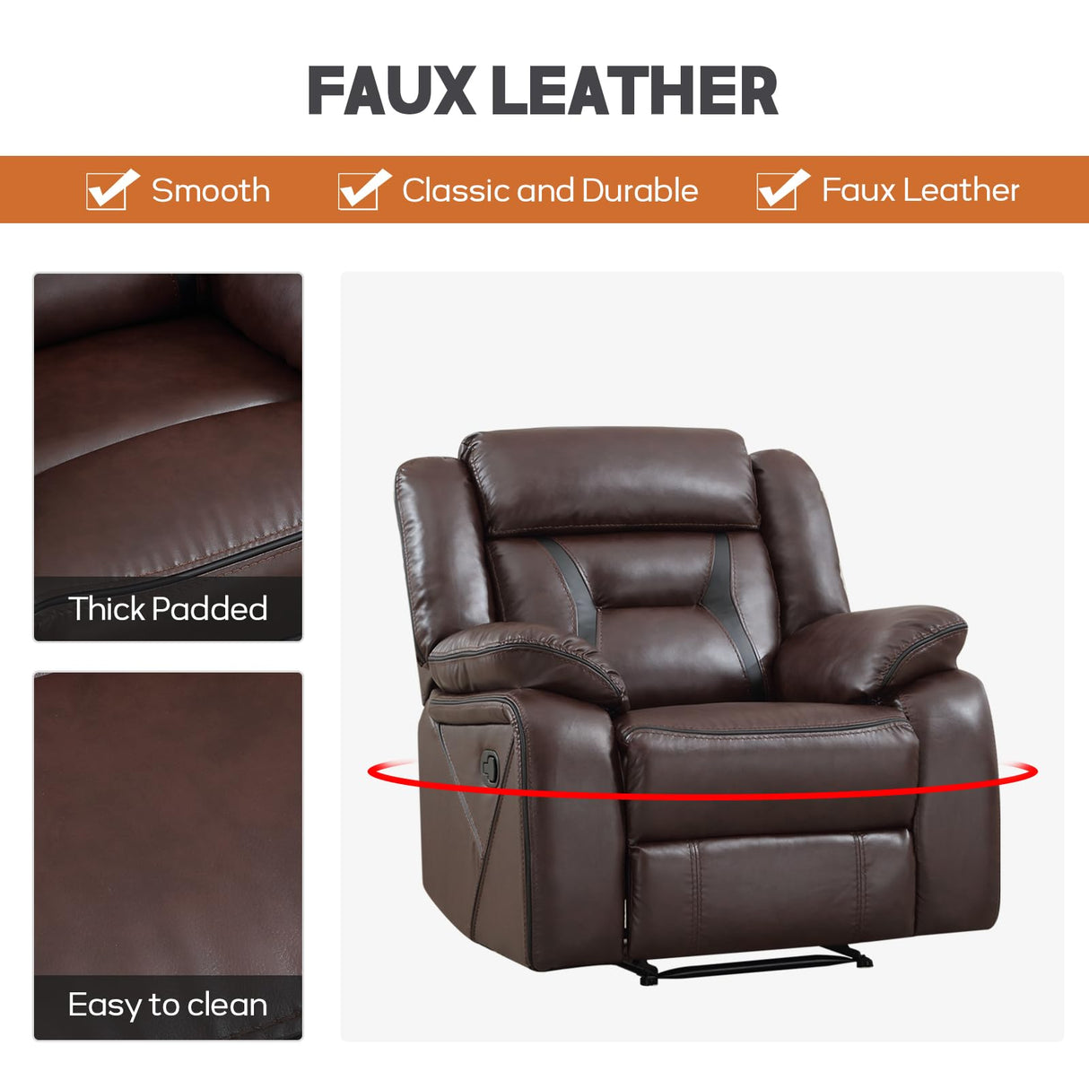 EBELLO Manual Recliner Sofa Set, Faux Leather Reclining Living Room Furniture Set, Included Recliner Chair and 3 Seat Manual Sofa, Dark Brown EBELLO