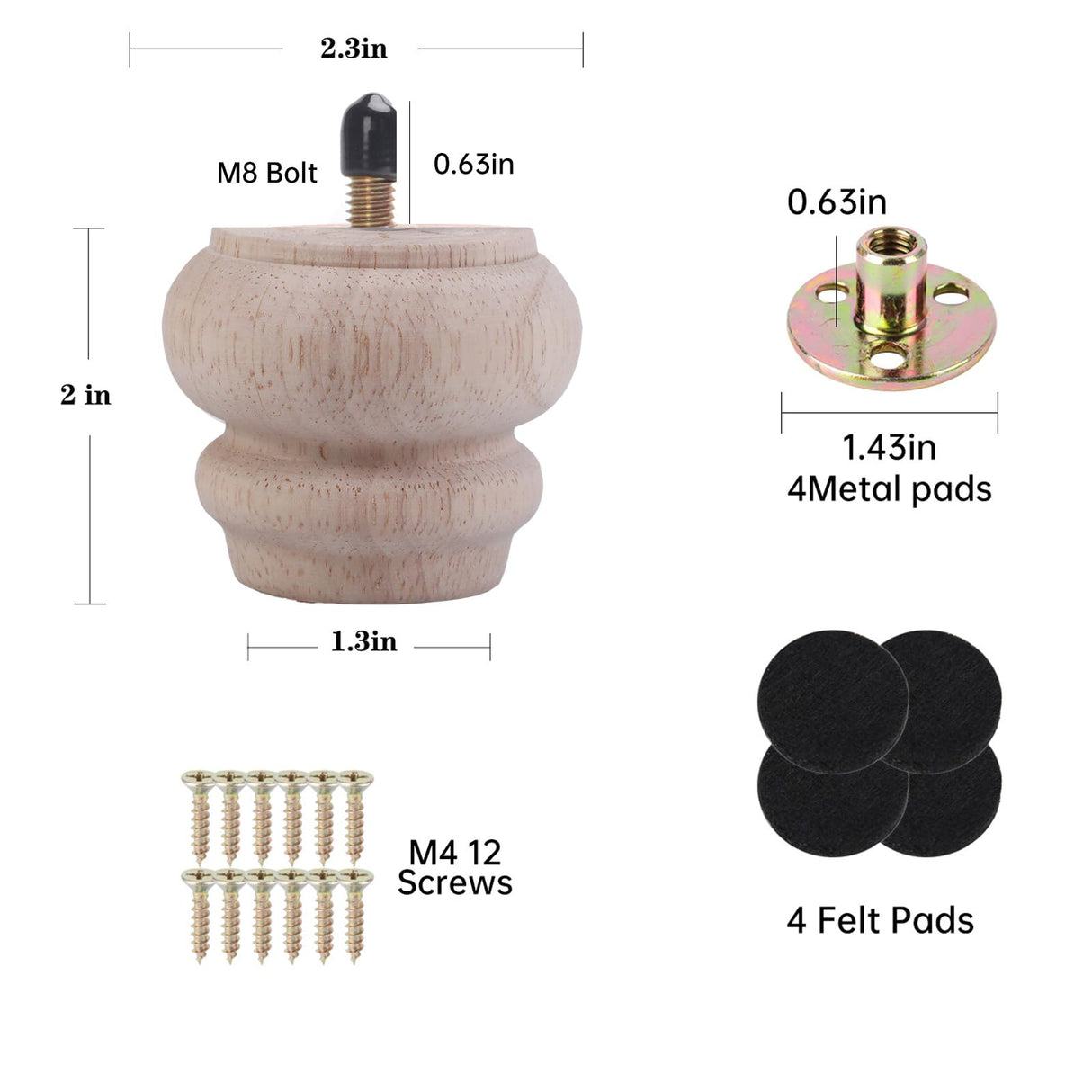 Txcucc 2 Inch Wooden Unfinished Bun Feet for Dresser Legs Couch Sofa Cabinet Ottoman DIY Replacement Wood Furniture Legs Set of 4 M8 Bolt Screw in (2”) Txcucc