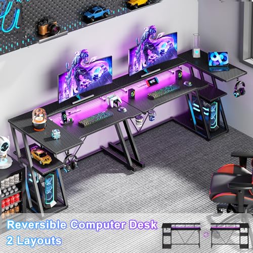Korfile 40 Inch Gaming Desk with Power Outlet & LED Lights, L Shaped Computer Gaming Table with 3 Tiers Storage Shelves, Corner Gamer Desk with Monitor Stand for Small Space, Carbon Fiber Black Korfile