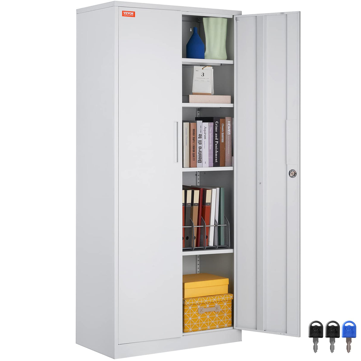 VEVOR Metal Storage Cabinet, Steel Locking Storage Cabinet with 2 Magnetic Doors and 4 Adjustable Shelves, 71'' Metal Cabinet 200 lbs Capacity per Shelf with 3 Keys, for Garage, Office, Home, White VEVOR