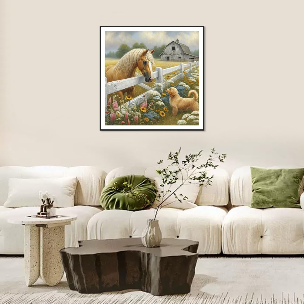 FHBUBPUP Diamond Painting Kits for Adults, Farm Animal Diamond Painting Art for Beginner, DIY Horse & Dog Diamond Art Kit, Gem Bead Painting Art Craft for Fall Home Decoration 12×12Inch FHBUBPUP