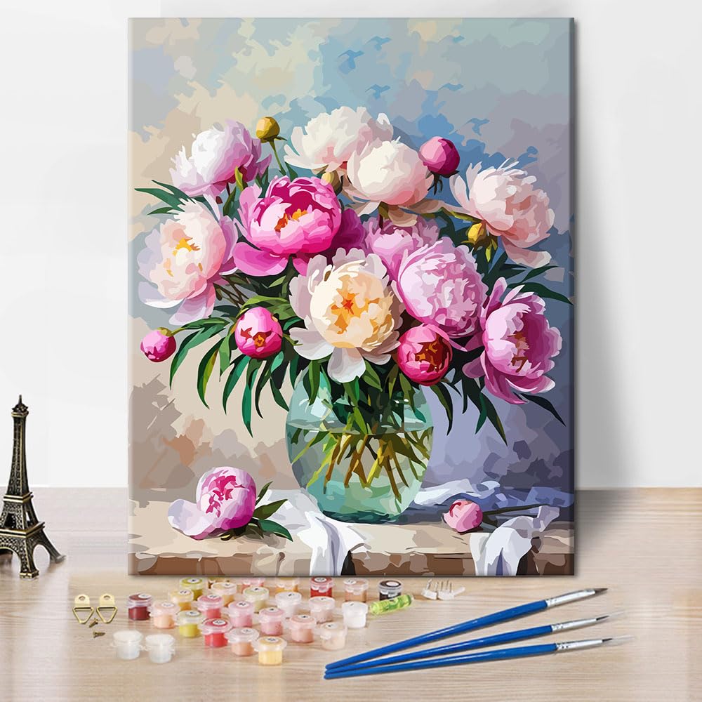 Paint by Numbers Kit for Adults & Adult Paint by Number - Blooming Pink Peonies Botanical Canvas Art, Beginner Floral DIY Painting, Relaxing Arts and Crafts Kit(16x20 Inch) TUMOVO