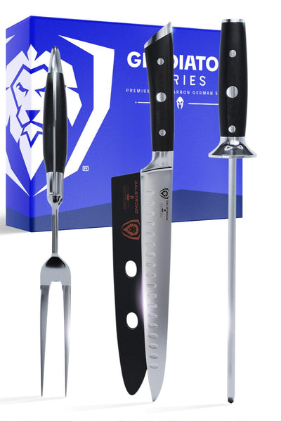 Dalstrong Carving Knife & Meat Fork Set - Gladiator Series Elite - 8" Honing Rod - Forged HC German Steel - 9 inch Carving Knife & Sheath - Hollow Ground Carving Set - Matching Fork - NSF Certified