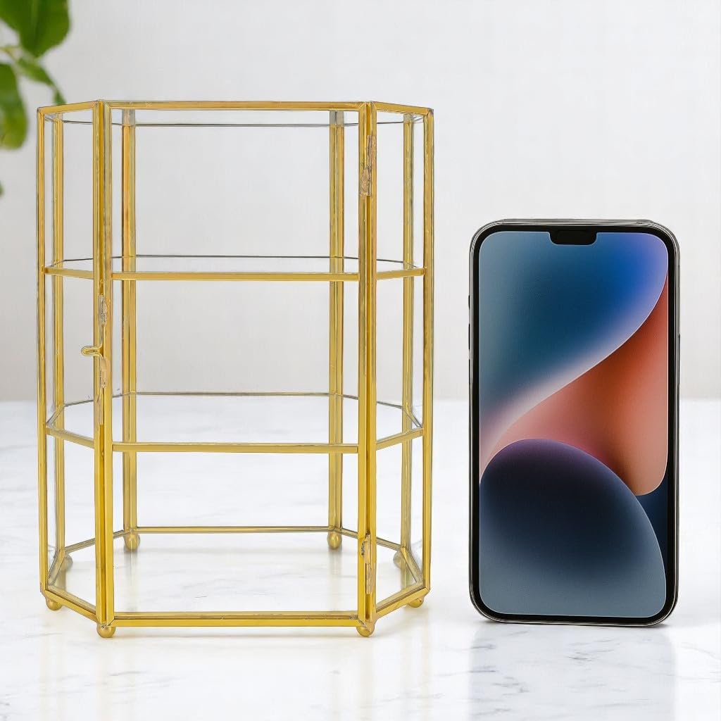 BuleVina Glass Jewelry Display Case 6.7x4x8.4 inches Small Cabinet, 3-Tier Geometric Box Keepsake Trinket for Rings, Earrings, Crystals, Makeup Organizer, Multifunction Table Decoration Storage BuleVina