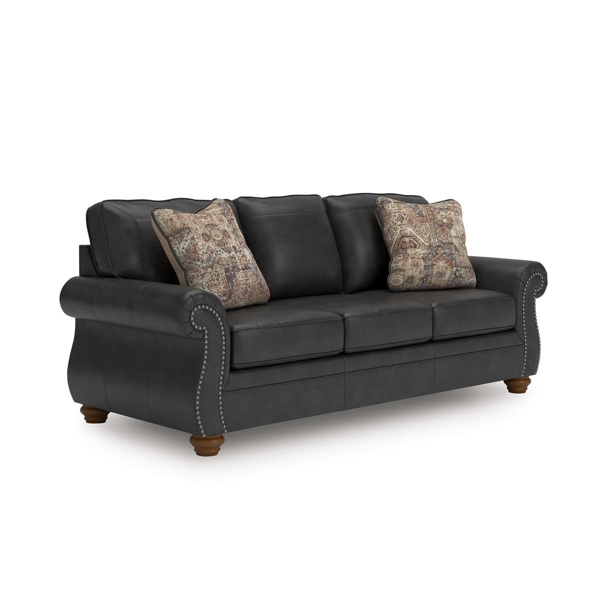 Signature Design by Ashley Chatterton Rustic Faux Leather Sofa with Nailhead Trim and 2 Throw Pillows, Black Signature Design by Ashley