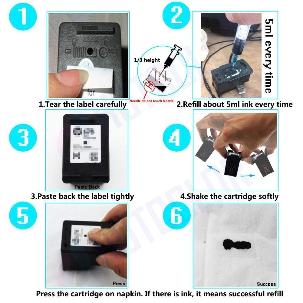 JETSIR 4 Color Ink Refill kit for HP 950 951 932 933 60 61 952 902 901 62 63 21 22 920 940 934 564 711 970 971 94 95 96 Ink Cartridge (2 Black 1 Cyan 1 Magenta 1 Yellow) 100ML x5 Bottle with Syringe JETSIR