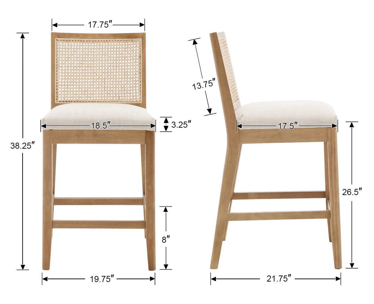 BESTANO Rattan Counter Stools Set of 4, 26 Inches Modern Counter Height Bar Stools Farmhouse Wooden Barstools with Back, Boho Linen Fabric Upholstered Kitchen Island Chairs, Cream BESTANO