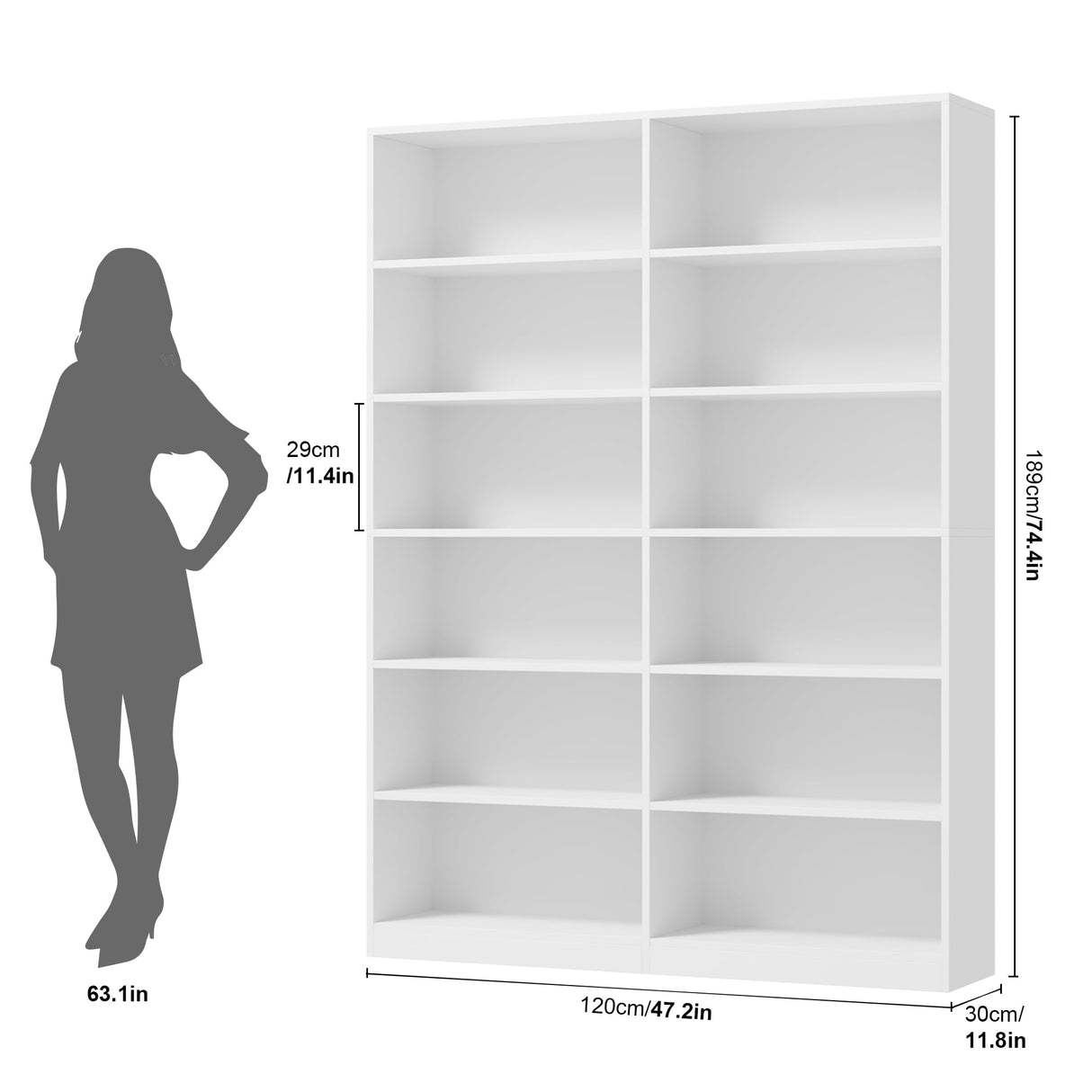 FACBOTALL Bookshelf and Bookcase, 6-Tier Double Wide Bookshelves,Freestanding Display Storage Shelves, Tall Bookcases for Home Decor Bedroom, Living Room, Home Office,White FACBOTALL