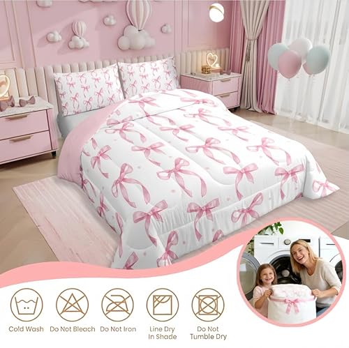 Erosebridal Cute Pink Bow Twin Bedding Set for Girls,Ribbon Bow Knot Comforter Set for Kids Kawaii Room Decor,Princess Bowknot Bed Set Girly Pink Bows Bedding Comforter Sets,1 Pillowcase Erosebridal