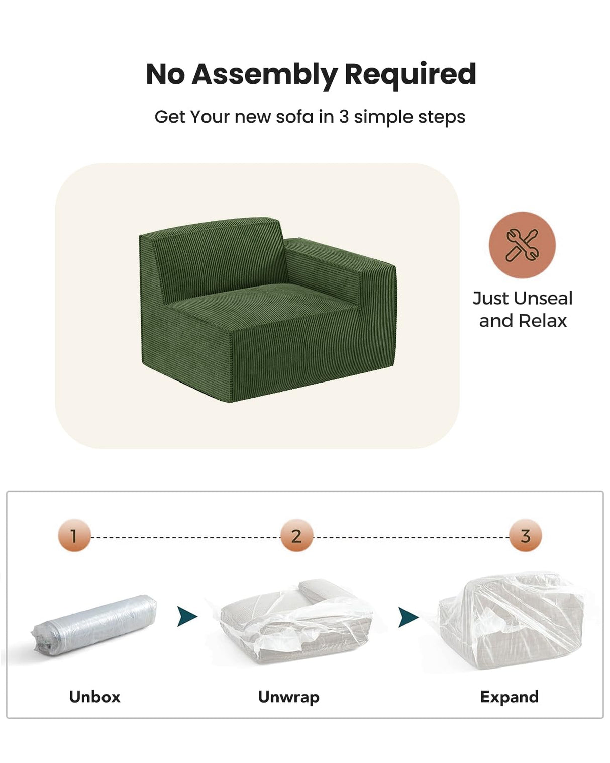 Amada 111" L Shaped Sofa Modular, Corduroy Clopud Couches with Deep Seats &High-Back, Upholstered Couches for Living Room Bedroom with Ottoman, No Assembly Required(2-Seater&1 Ottoman,Green) AMADA HOMEFURNISHING