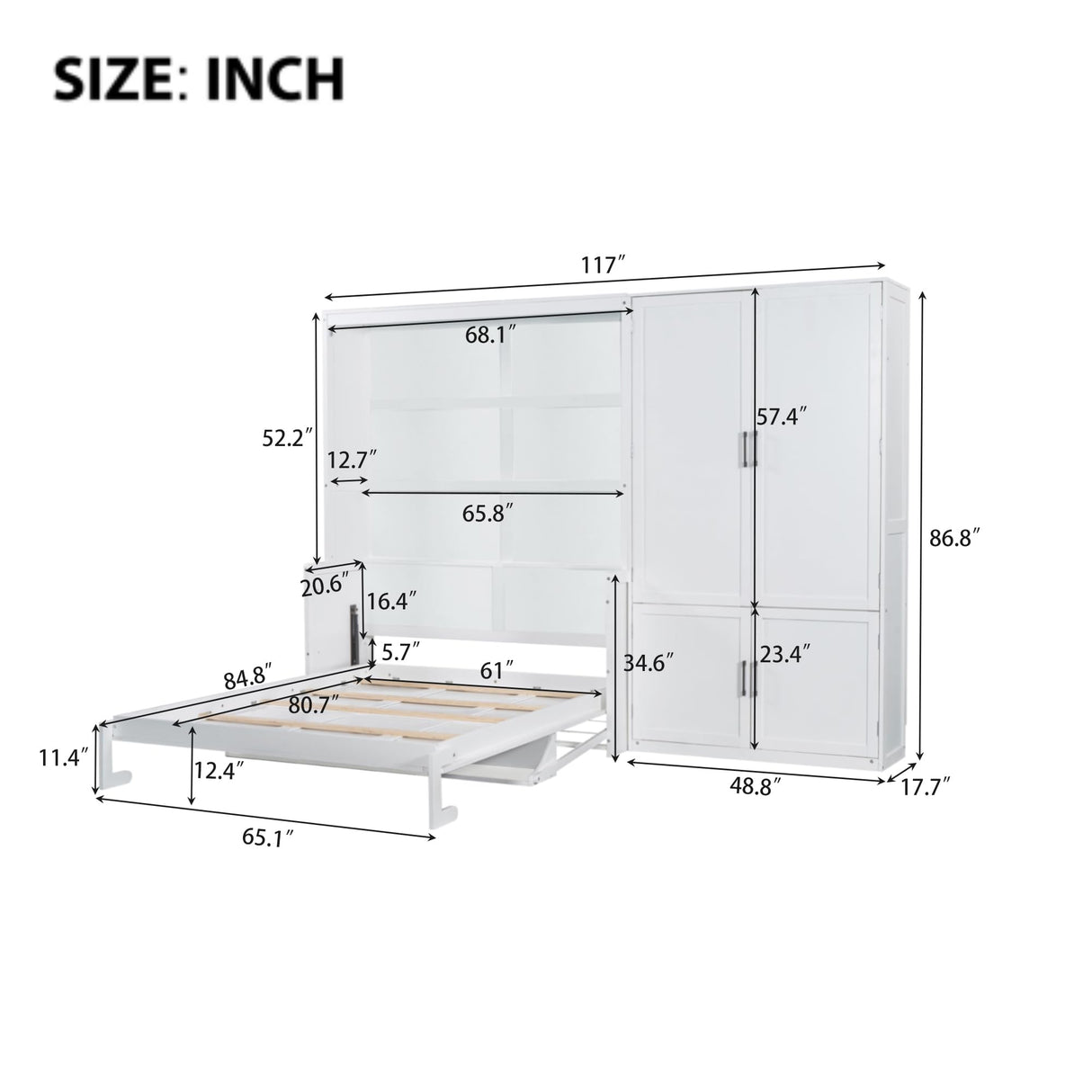 Ball & Cast Queen Size Murphy Bed Wall Bed with Built-in Wardrobe Storage and Hydraulic Lift System,Wood Hideaway Cabinet Platform Bedframe w/Slat Support,can be Folded,for Small Room,Dorms,White Ball & Cast