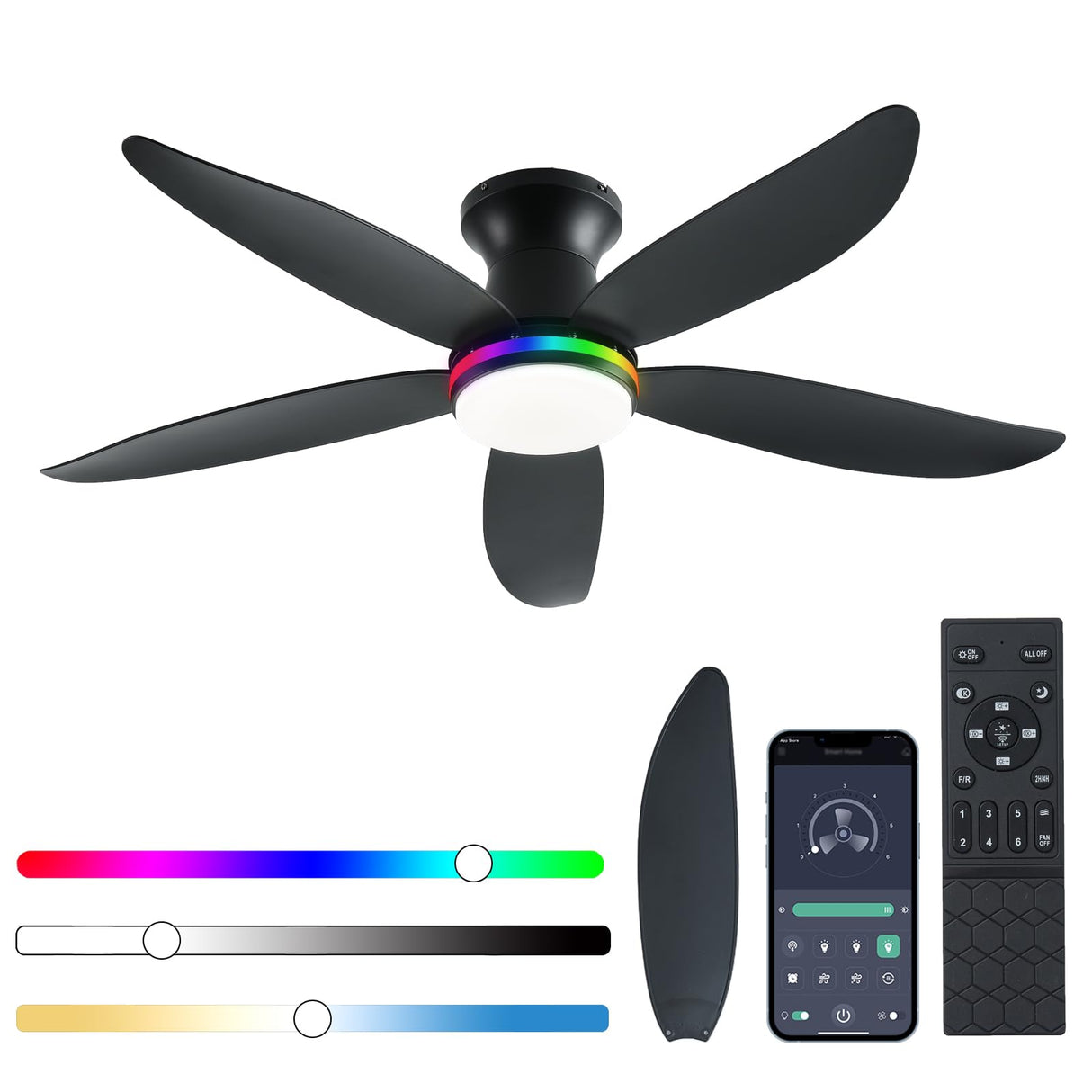 JSAITEE Ceiling Fan with Light, 48" RGB Low Profile Ceiling Fans with Lights and Remote Control, Dimmable, DC Reversible Motor, Noiseless, 6 Speeds Flush Mount Black Ceiling Fan for Bedroom JSAITEE