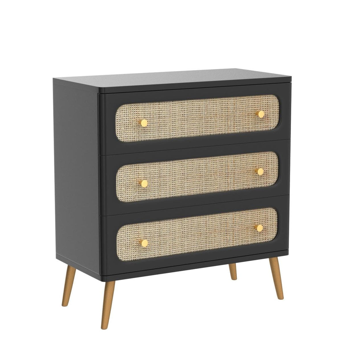 LONYKE Wicker Rattan Chest of Drawers, 3-Drawer Dresser, Black Finish Wooden Storage Cabinet, Modern Farmhouse Accent Table, Boho Mid-Century Coastal Sideboard LONYKE