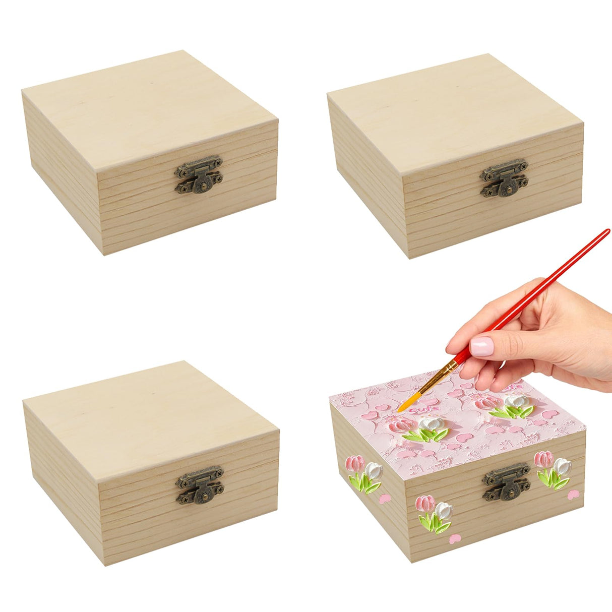 QoTang 4 PCS Unfinished Wood Box for Crafts Small Wooden Square Box with Hinged Lids and Front Clasps Wooden Storage Box for DIY Arts Party Favor Jewelry Box, 3.9 x 3.9 x 2 Inch QoTang