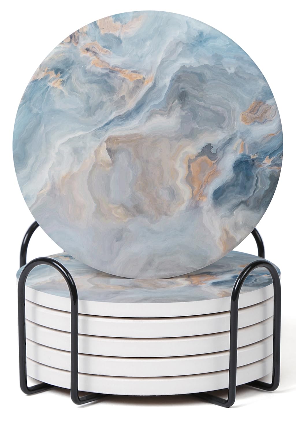 Hoomey Set of 6 Abstract Blue Marble Coasters with Holder, Absorbent Ceramic Coasters for Drinks, Coasters with Cork Backing for Table Protection, Housewarming Gifts for New Home Hoomey