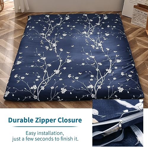 MAXYOYO Mattress Cover for Traditional Japanese Futon Mattress, Futon Floor Mats Cover with Zipper, Super Soft and Machine Washable, Navy Floral, Queen MAXYOYO