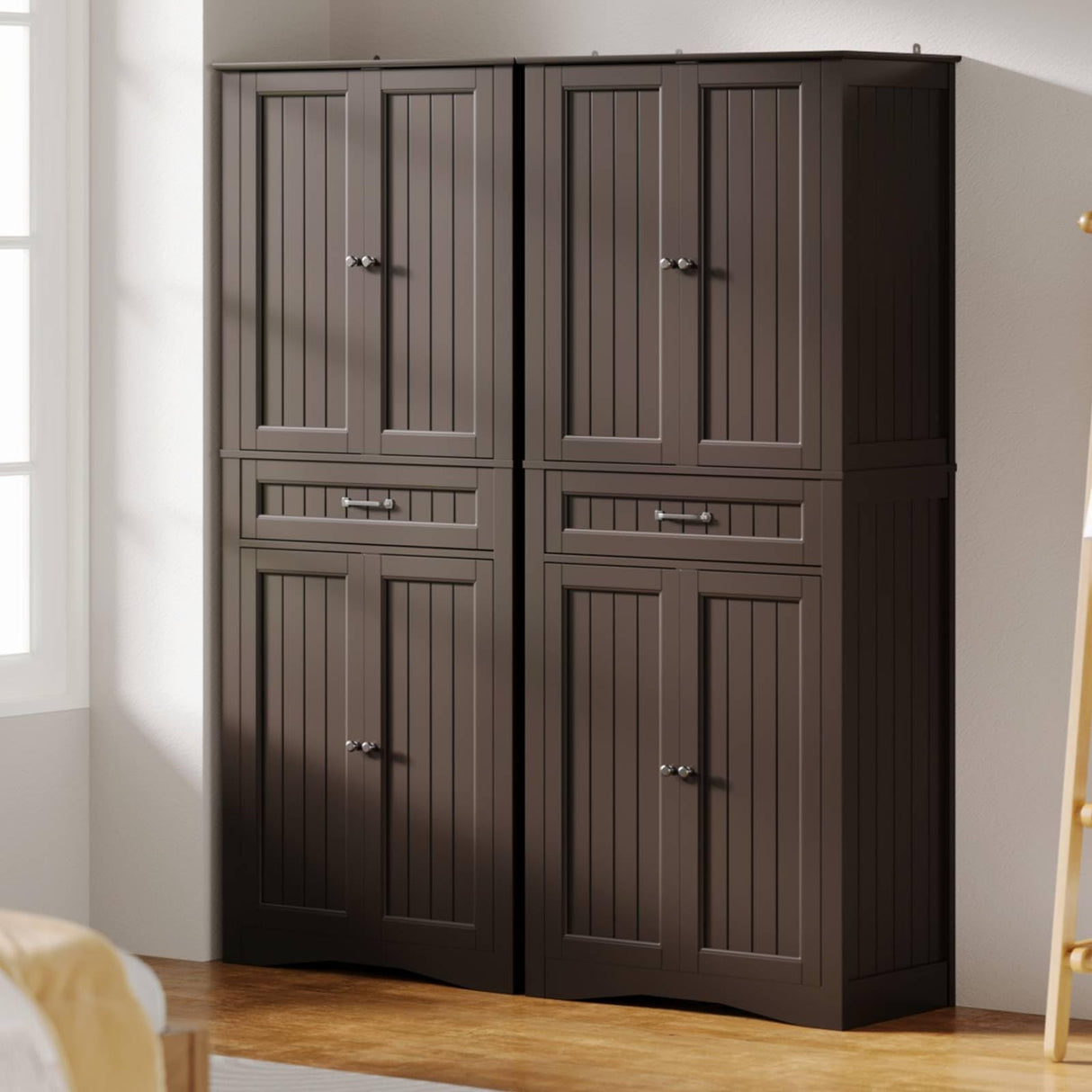 Gizoon 71'' Kitchen Pantry Storage Cabinet, Freestanding Cupboard with 4 Barn Doors and 4 Adjustable Shelves, Hutch Bar Cabinet with Large Drawer for Kitchen, Living Room, Dining Room (Dark Brown) Gizoon
