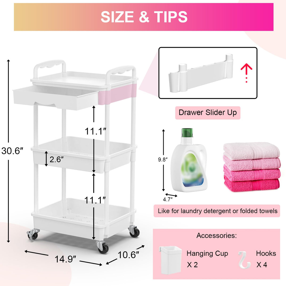 Goovilla 3 Tier Rolling Utility Cart Organizer with Removable Drawer, Stable and Sturdy White Rolling Storage Carts with 2 Lockable Wheels for Bathroom, Kitchen, Snack, Craft, Makeup, Baby Essentials Goovilla