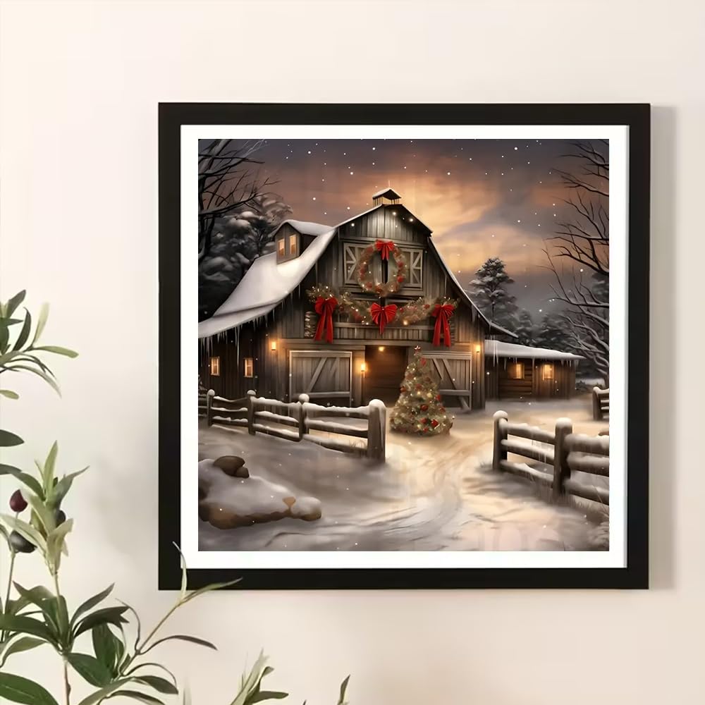 BOHADIY Christmas Night Diamond Painting Kits for Adults, 5D Snowy Winter Diamond Art Kits for Adults Beginner, DIY Full Drill Farm House Diamonds Paintings Gem Art and Crafts Kit Home Decor 12x12inch BOHADIY