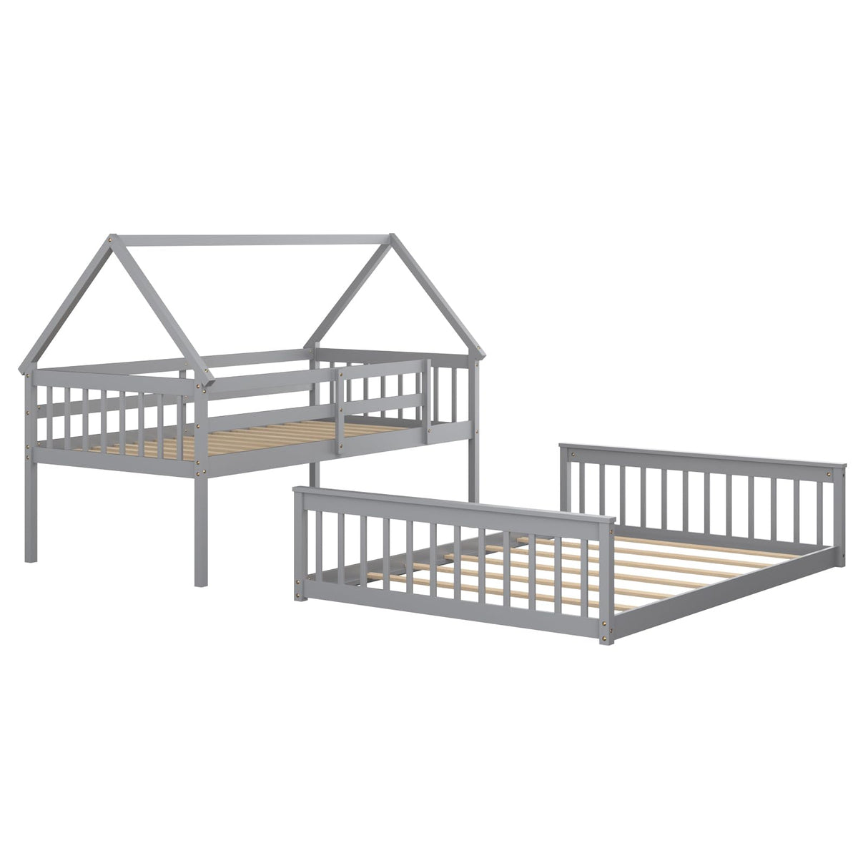 Giantex Wood Twin Over Full Bunk Bed, Solid Wood House Bed Frame Built in Ladder & Safety Guardrails, Convertible to 2 Beds, Floor Bunk Bed for Kids Teens Juniors, No Box Spring Needed, Grey Giantex
