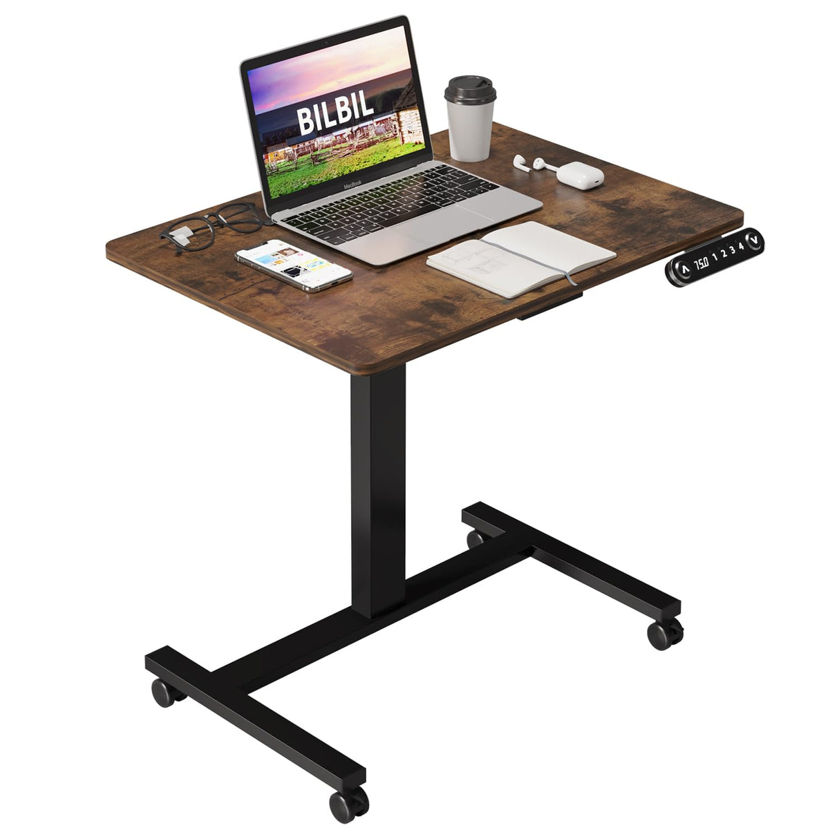 BilBil Electric Standing Desks with Lockable Wheels, 32*24 inch Height Adjustable Sit to Stand Desk, Overbed Laptop Table Desk, Mobile Rolling Desk, bilbil
