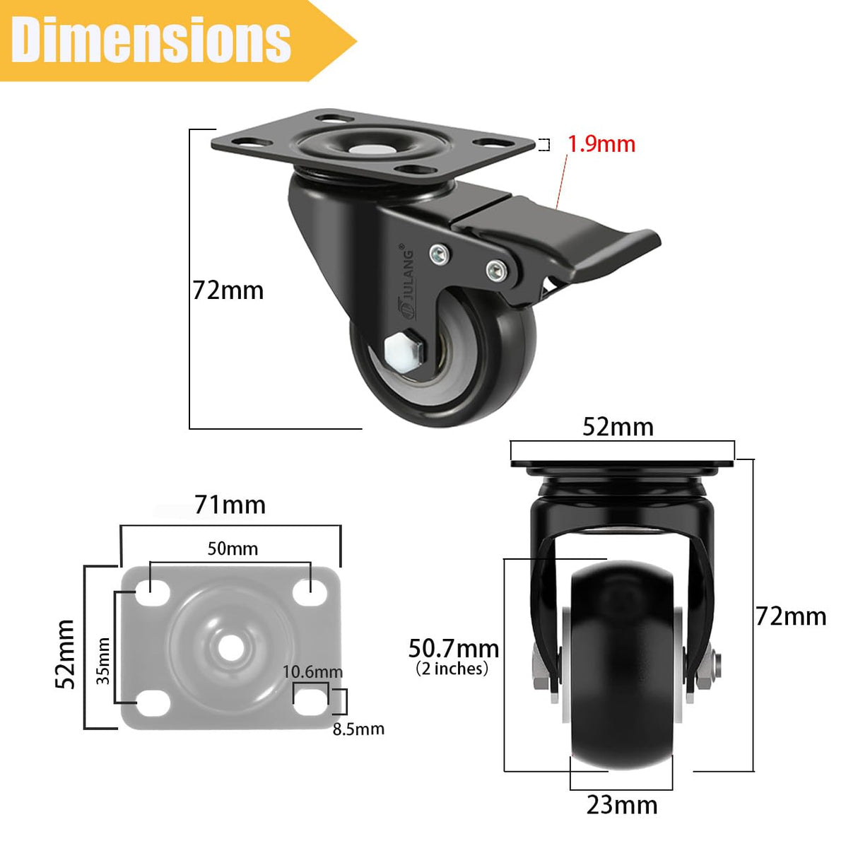 JULANG 2" Locking Caster Wheels Set of 4 Heavy Duty with Brake, Noise Free (PU) Wheels, Swivel Plate Castors 4 PCS, for Furniture, Carts, Garden Potting Tables, Workbenches Julang