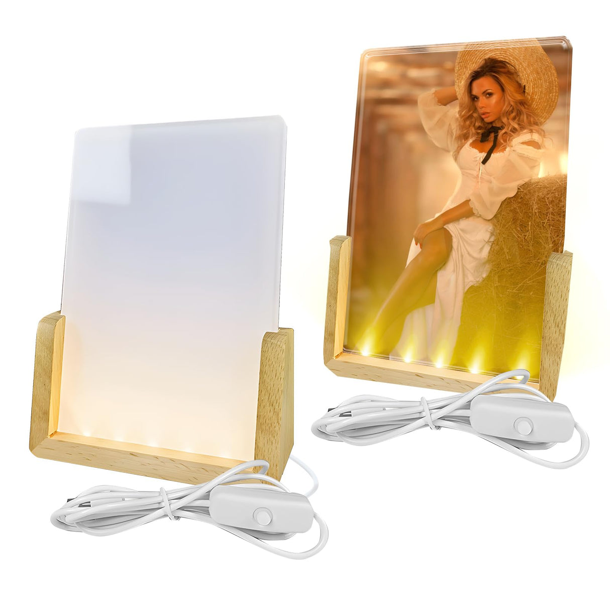 HSOKEW 2 Pack Sublimation Night Light Blank, Sublimation LED Acrylic Photo Frame Panel White 4" x 6" with Warm Light LED Night Light Picture Frame LED Wood Stand Light for Heat Press Machine Printing HSOKEW