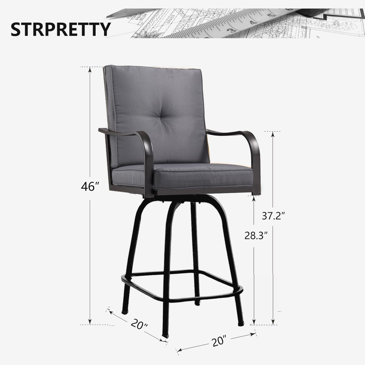 STRPRETTY BASIC Patio Swivel Bar Stools Set of 2, Outdoor Bar Height Patio Swivel Chairs with Cushion for Garden Balcony Backyard (Grey) STRPRETTY BASIC