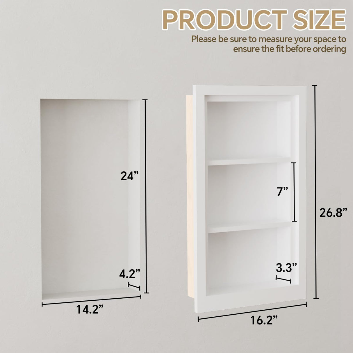 Solid Wood 14 X 24 Recessed Medicine Cabinet,3-Tier, Medicine Cabinet Organizer,Wall Niche, Bathroom Wall Cabinet, Recessed Bathroom Cabinet,recessed Wall Cabinet, Bathroom Cabinet With Storage, White BPMFDTNL