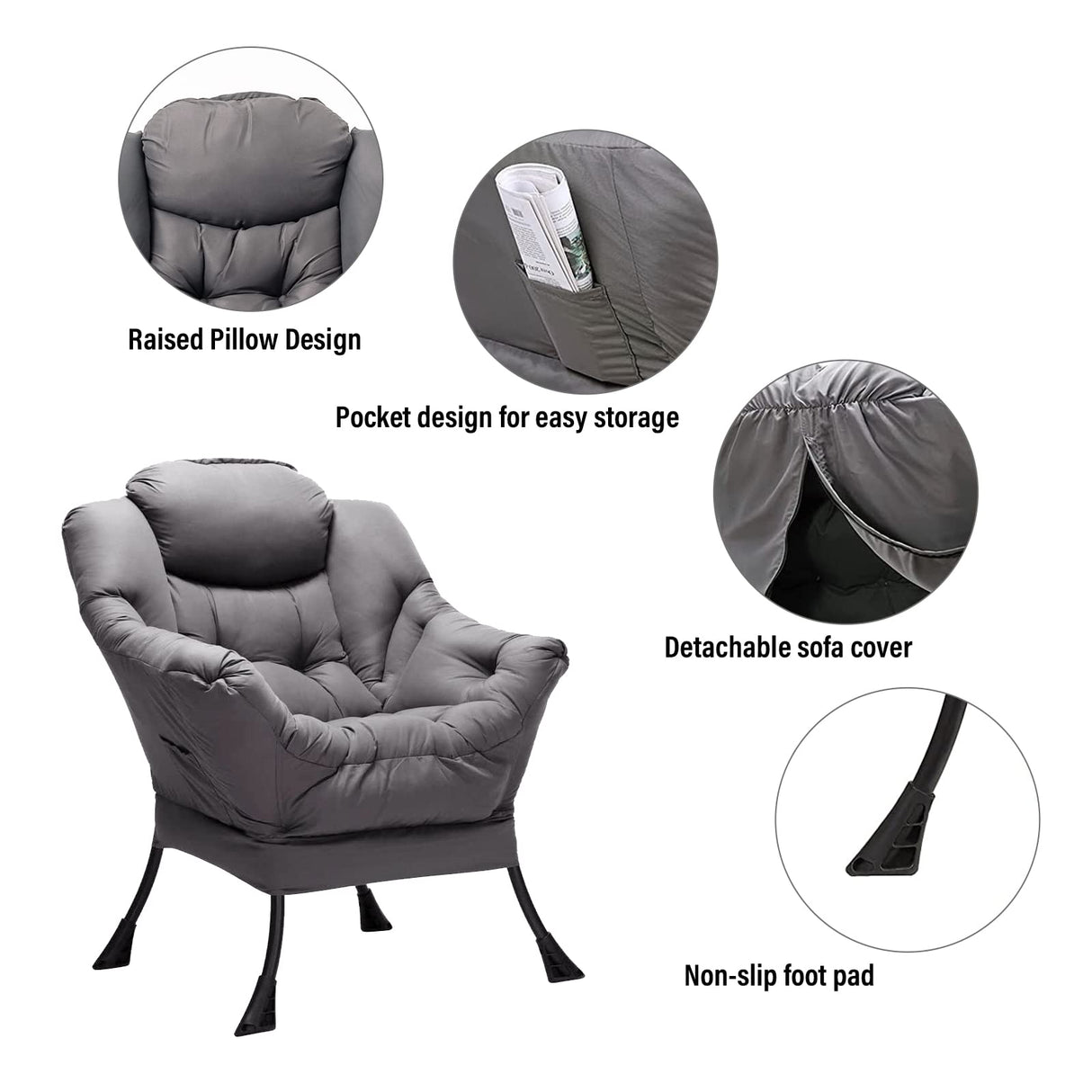 Welnow Lazy Chair with Ottoman, Modern Lounge Accent Chair with Armrests and a Side Pocket, Leisure Upholstered Sofa Chair Reading Chair with Footrest for Small Space, Corner Chair, Dark Grey Welnow