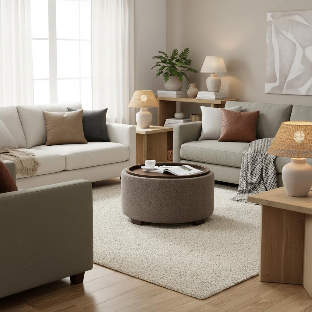 Zihanhome 30 Inch Round Storage Ottoman Coffee Table, Modern Boucle Ottoman with Lift-Off Lid and Solid Wood Legs for Living Room, Bedroom, Corners, Apartments (Brown) Zihanhome