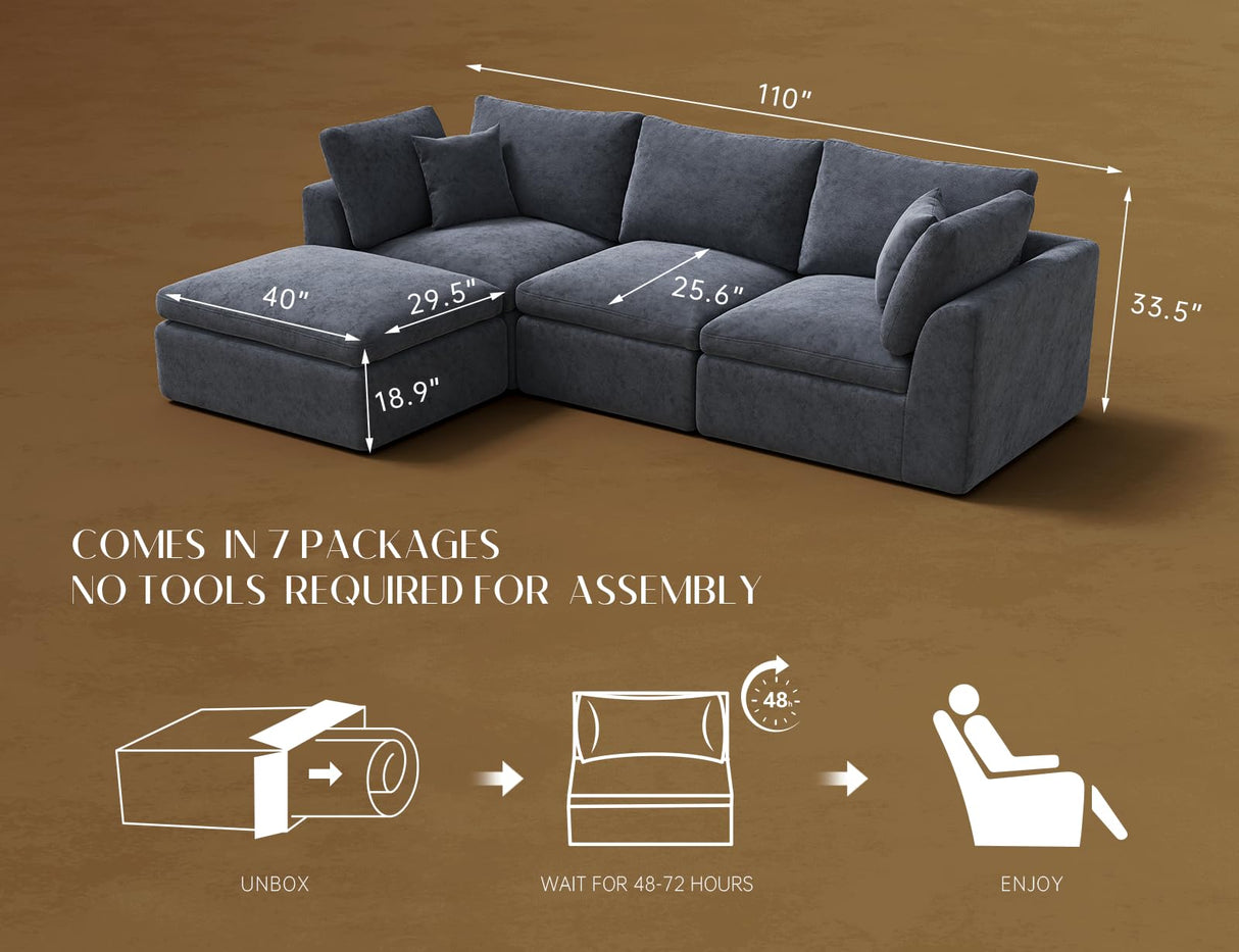 ohllob 110 Inch Cloud Sectional Couches for Living Room, Convertible L Shaped Couch with Ottoman, 3 Seater Modular Sectional Sofa, Grey ohllob