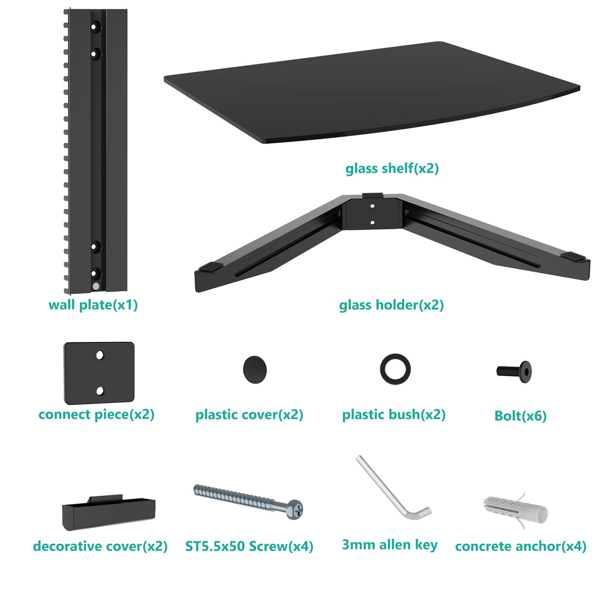 WALI Floating Entertainment Center Shelves, Holds Up to 17.6lbs, TV Shelf with Strengthened Tempered Glasses for DVD Players, Cable Boxes, Games Consoles, TV Accessories (CS202B), 2 Shelf, Black WALI