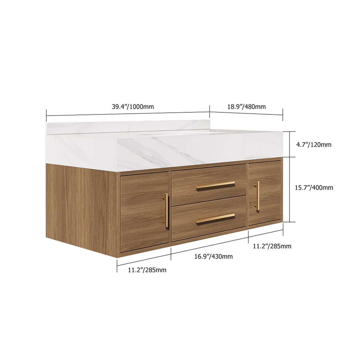 Weibath Modern 39" White Floating Bathroom Vanity Set Stone Top Wall Mounted Bathroom Cabinet (Walnut&White) Weibath