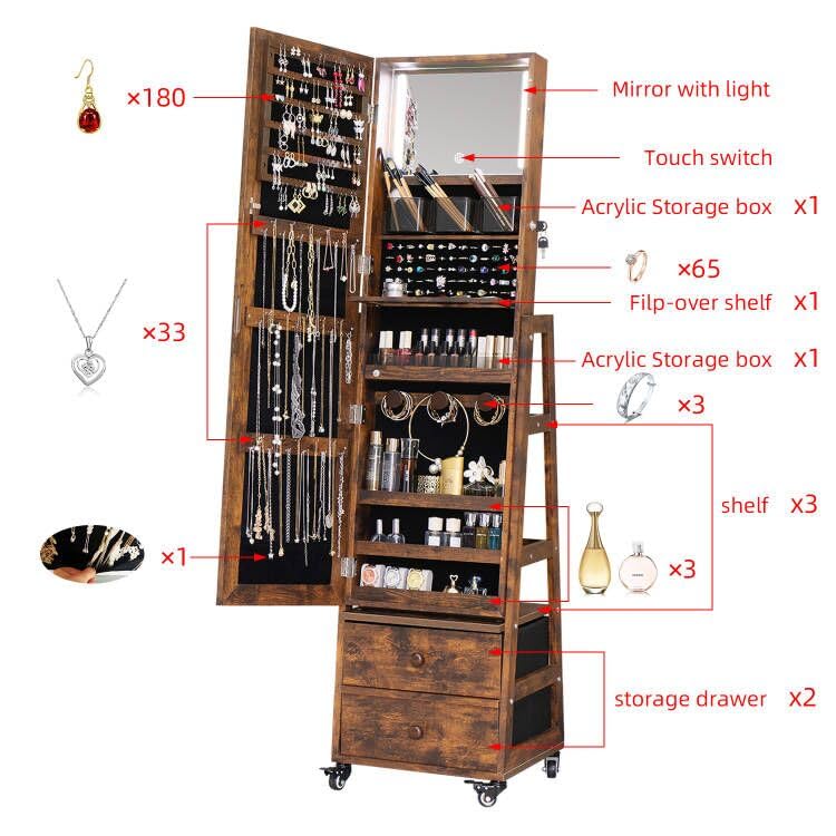 MASMIRE Rotating Jewelry Cabinet with Vanity Mirror,Full Length Mirror with Storage Mirror Jewelry Armoire Standing with LED Lights Lockable Jewelry Organizer Wheels Rustic Brown MASMIRE