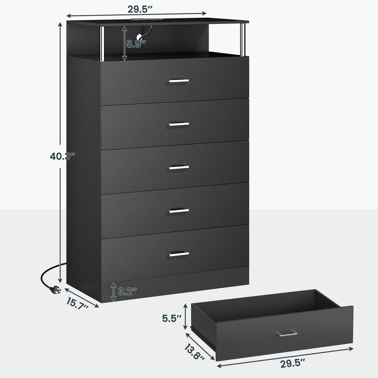 AOGLLATI Black Dresser for Bedroom with Column Design & Charging Station, Led 5 Drawers Tall Dresser for Bedroom,Black AOGLLATI