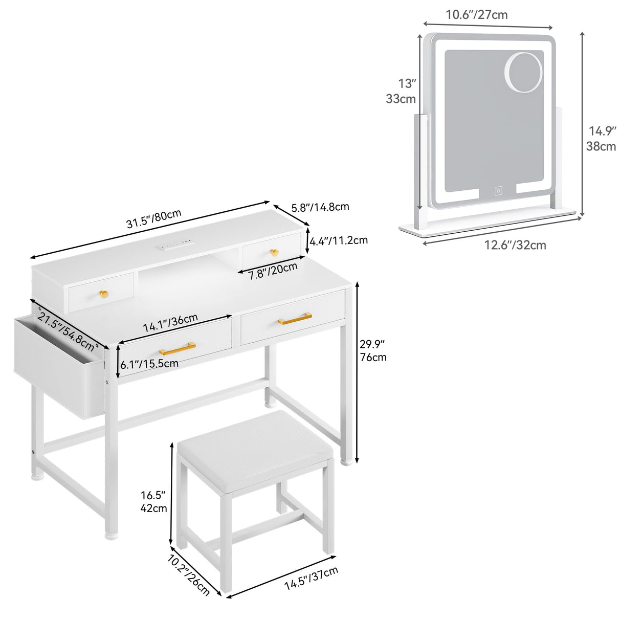 YITAHOME Vanity Desk Set with LED Mirror & Charging Station, 4-Drawer Makeup Table with Light Strip and Stool, Modern Dressing Table YITAHOME
