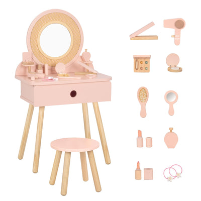 OOOK Kids Vanity Table and Chair Set, Pink Girls Vanity with 11 Pcs Accessories, Enough for Real and Pretend Makeup, Toddler Vanity for 3 Year Old and Up as Ideal Gift