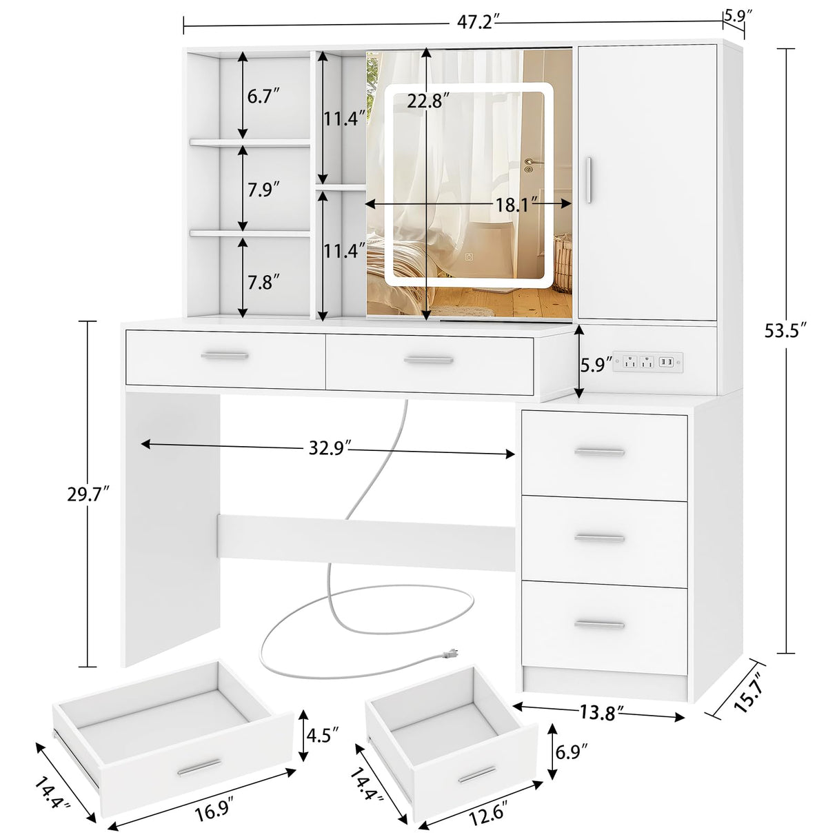 Quimoo 47" Vanity Desk with Sliding Lighted Mirror and Power Outlet, Makeup Vanity Desk with 5 Drawers and Cabinet, Hidden and Open Shelves, Vanity Table Set with 3 Color Lighting (White) Quimoo