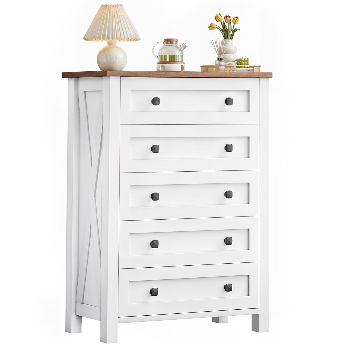 DWVO Farmhouse 5 Drawer Dresser for Bedroom with Power Outlets, Modern Tall Nightstand with Deep Drawers, Wood White Closet Dresser for Living Room, Entryway, Hallway DWVO
