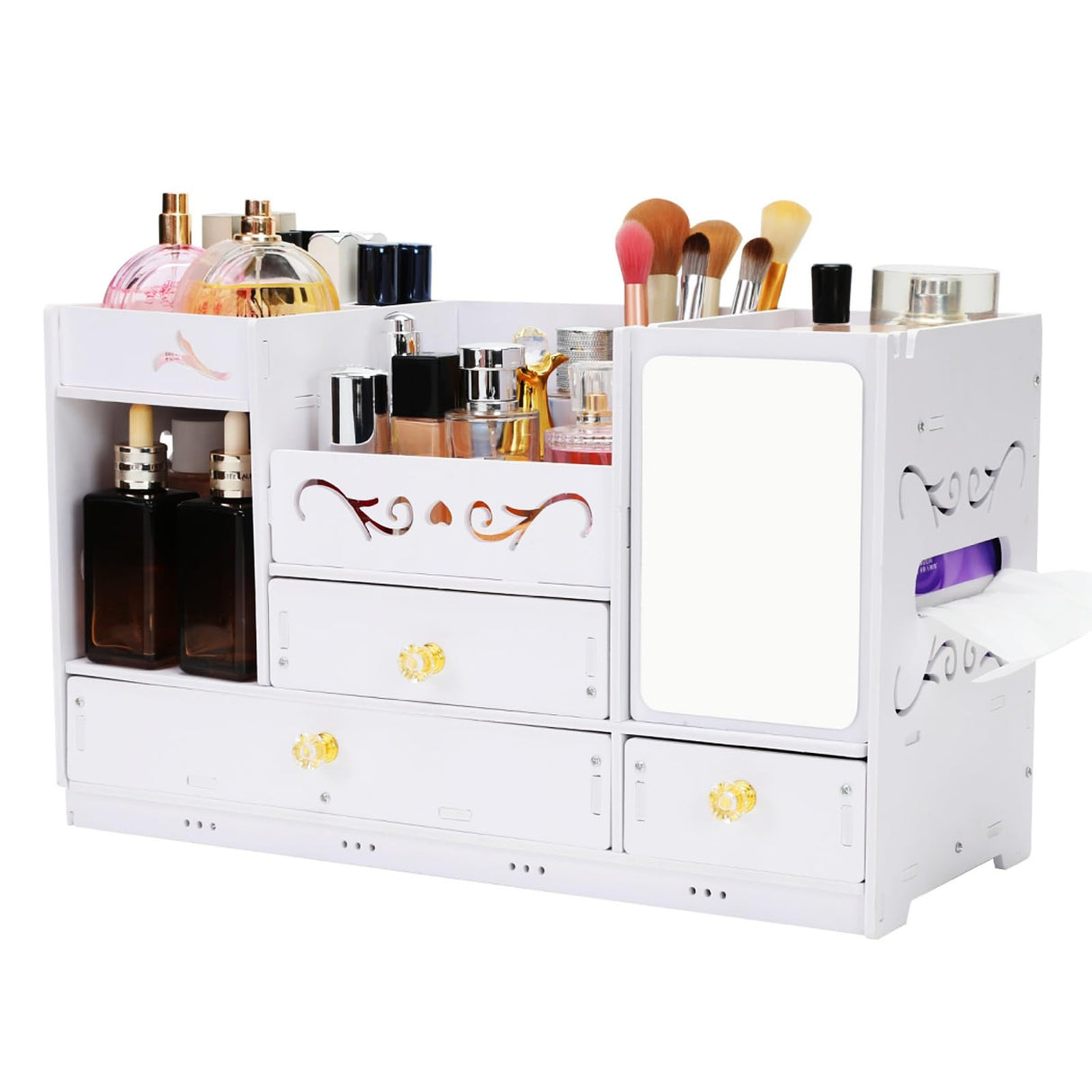 Wtufaelk Wooden Makeup Organizer for Vanity - Large White Countertop Organizer with Mirror, 3 Drawers & Brush Holder | Cosmetic & Skincare Storage Desk Organizer for Dorm, Bathroom Wtufaelk