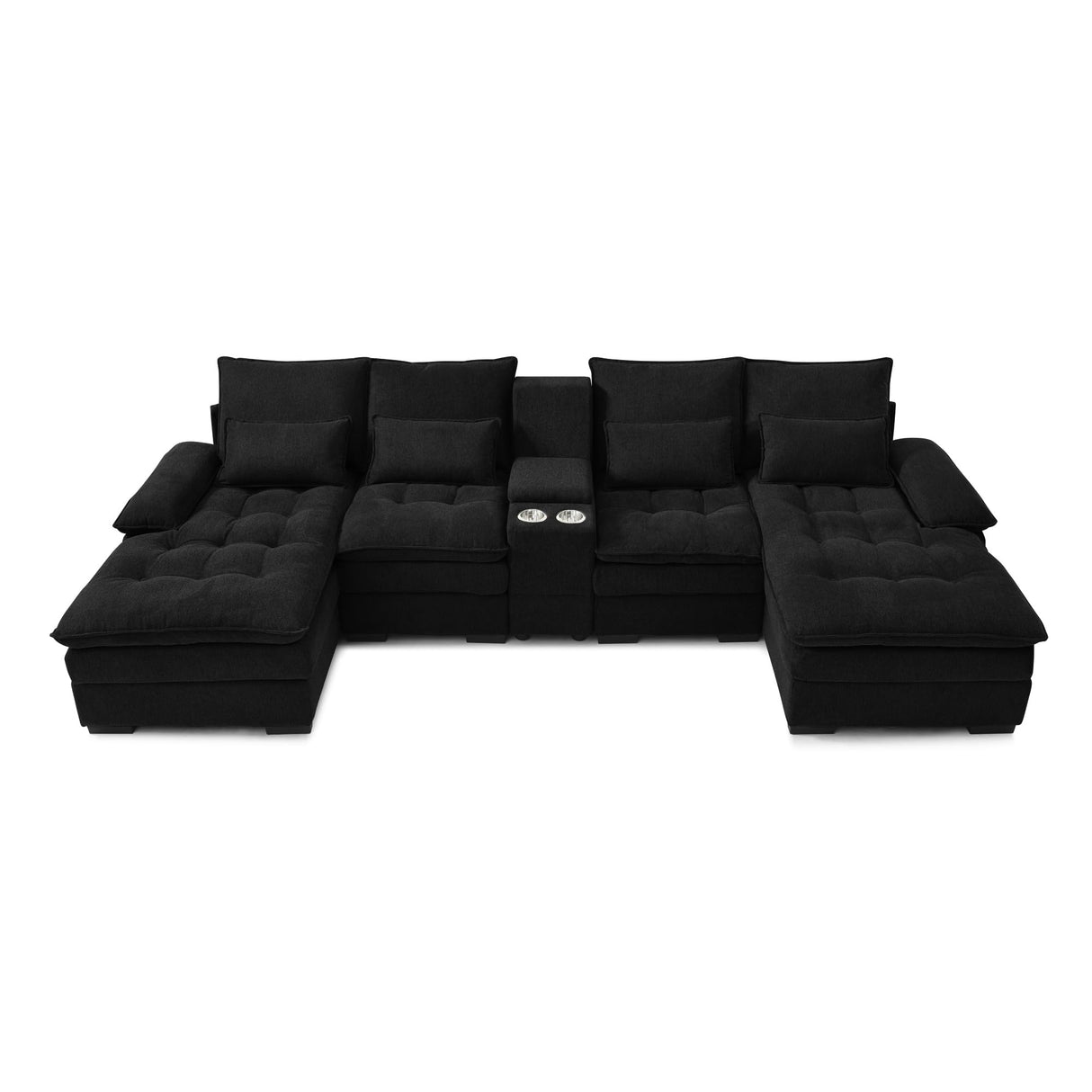 KEIKI 130" U-Shaped Sofa with Storage Console, Cup Holders, 6-seat Upholstered Sectional Sofa Button Tufted Cloud Cushion Couch for Home, Office, Apartment, Black KEIKI