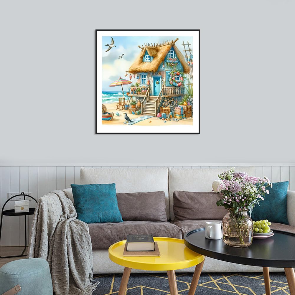 Stalente Diamond Painting Kits for Adults Seaside House, 5D DIY Diamond Art Kits for Beginners Round Full Drill Diamond Painting for Home Wall Decoration Gift 12×12inch, Landscape Stalente