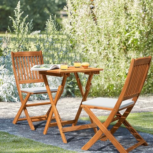 Flamaker Patio Set 3 Piece Acacia Wood Folding Bistro Set Outdoor Square Table and Chairs Balcony Furniture for Porch, Lawn, Backyard (Natural) Flamaker
