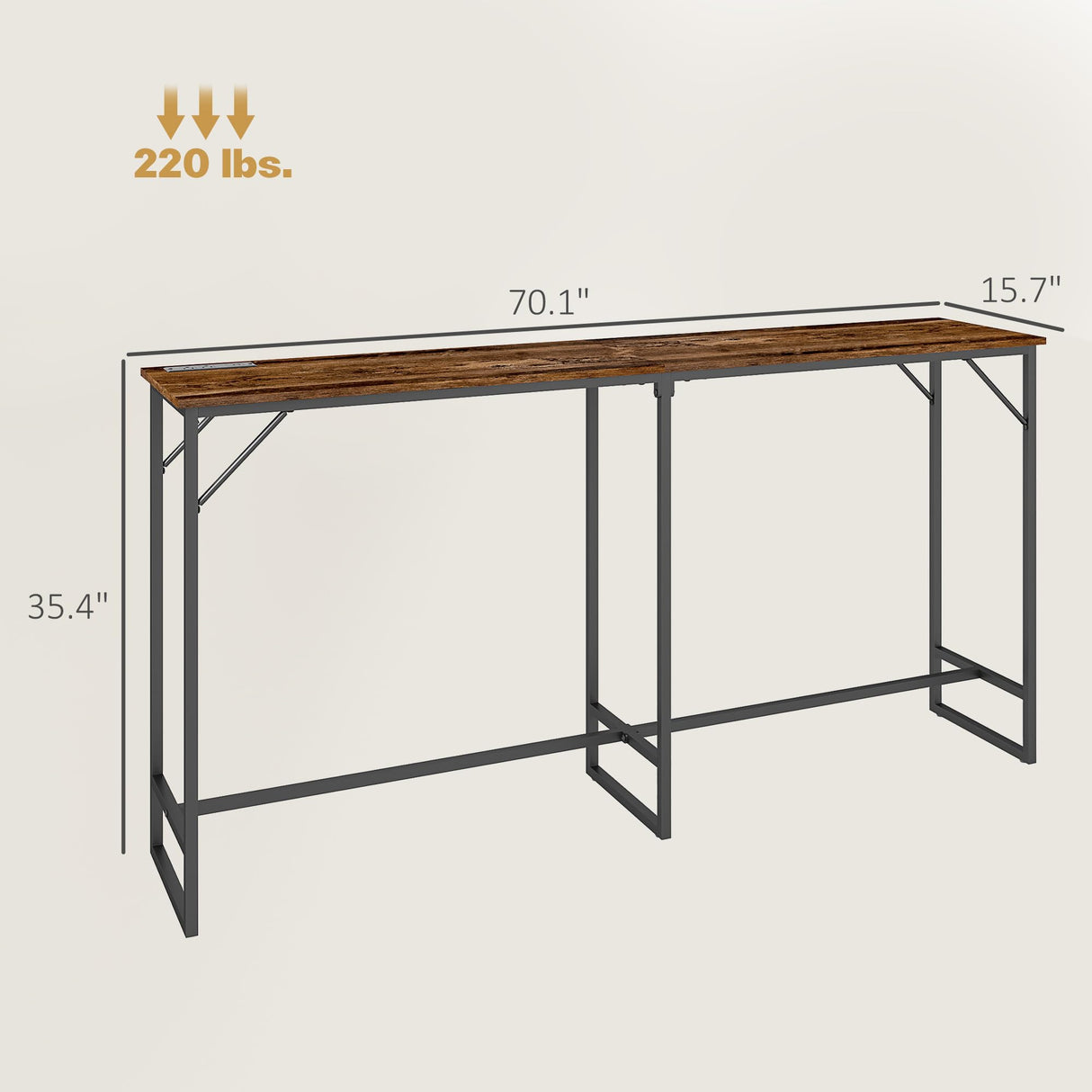 HOMCOM 70" Long Counter Height Table with Charging Station, Industrial Style Rectangular Bar Table with Steel Frame for Dining Room, Kitchen, Rustic Brown HOMCOM